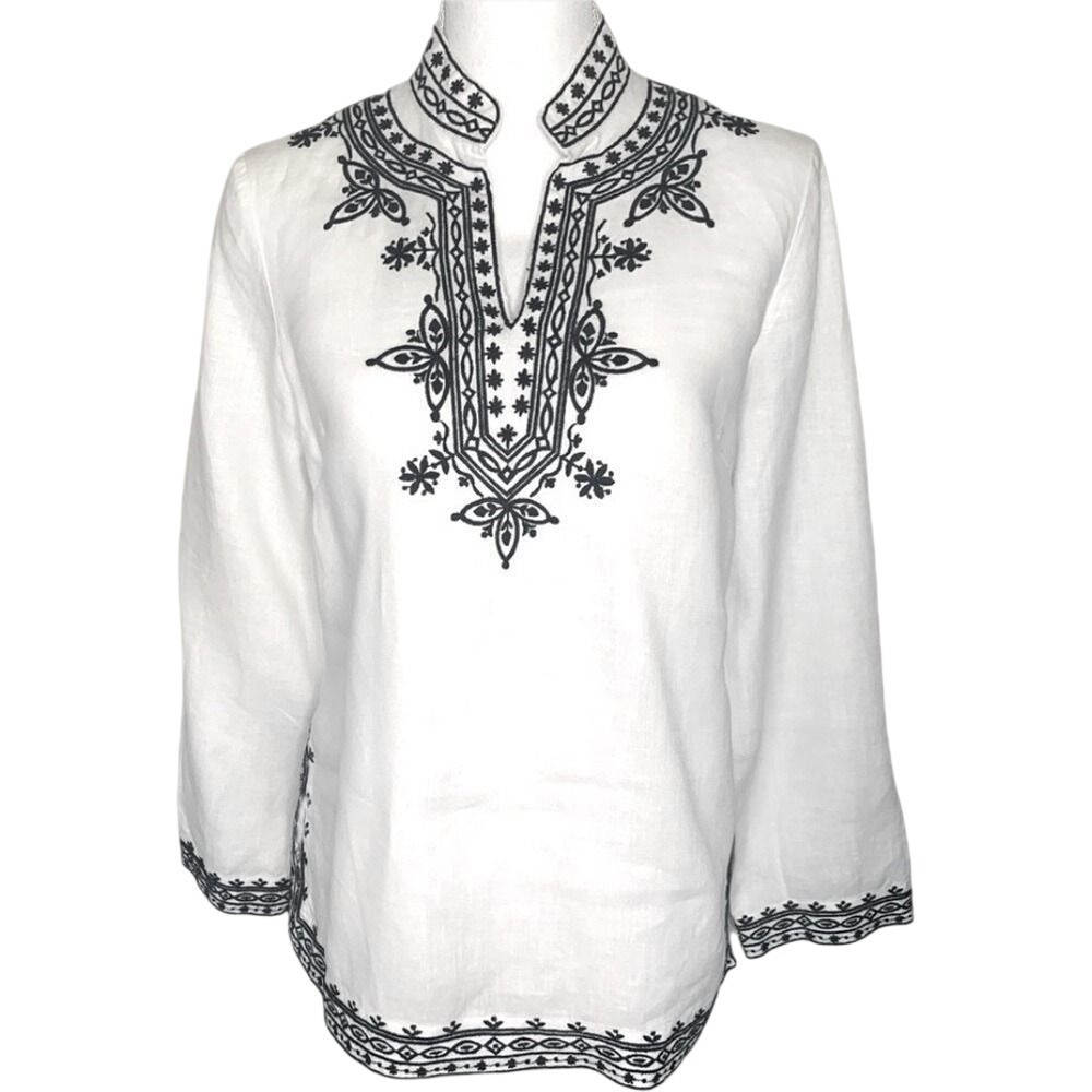 ecologie Boho Tunic Linen Cotton Embroidered White Black Women Small 100% Linen